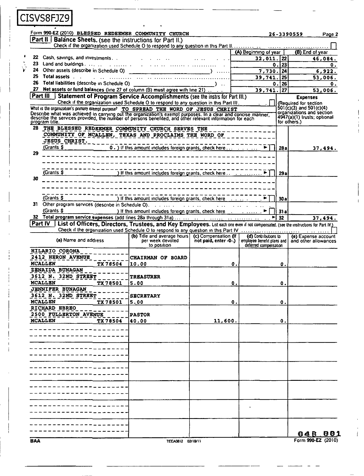 Image of first page of 2010 Form 990EOR for Blessed Redeemer Community Church Mcallen