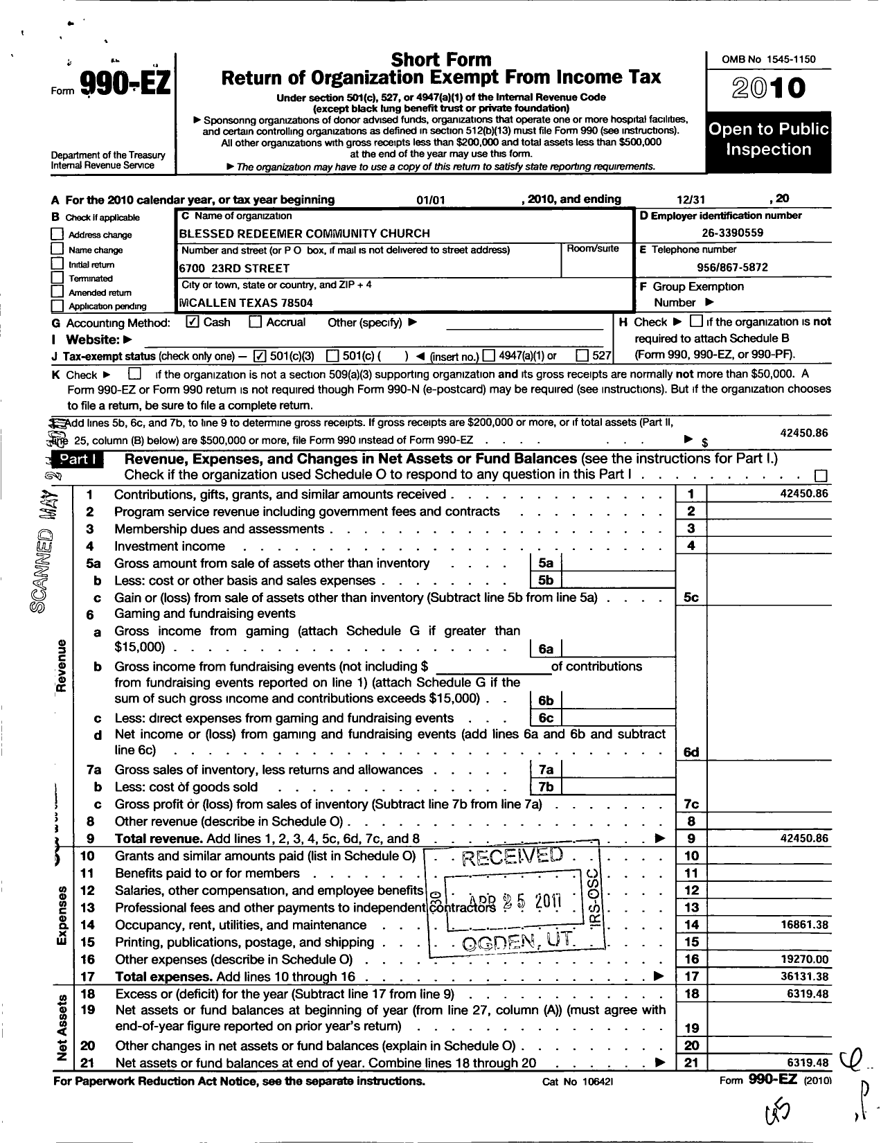 Image of first page of 2010 Form 990EZ for Blessed Redeemer Community Church Mcallen