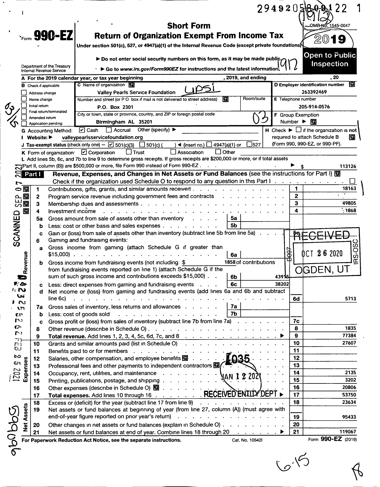 Image of first page of 2019 Form 990EZ for Upsilon Eta Omega Service Foundation