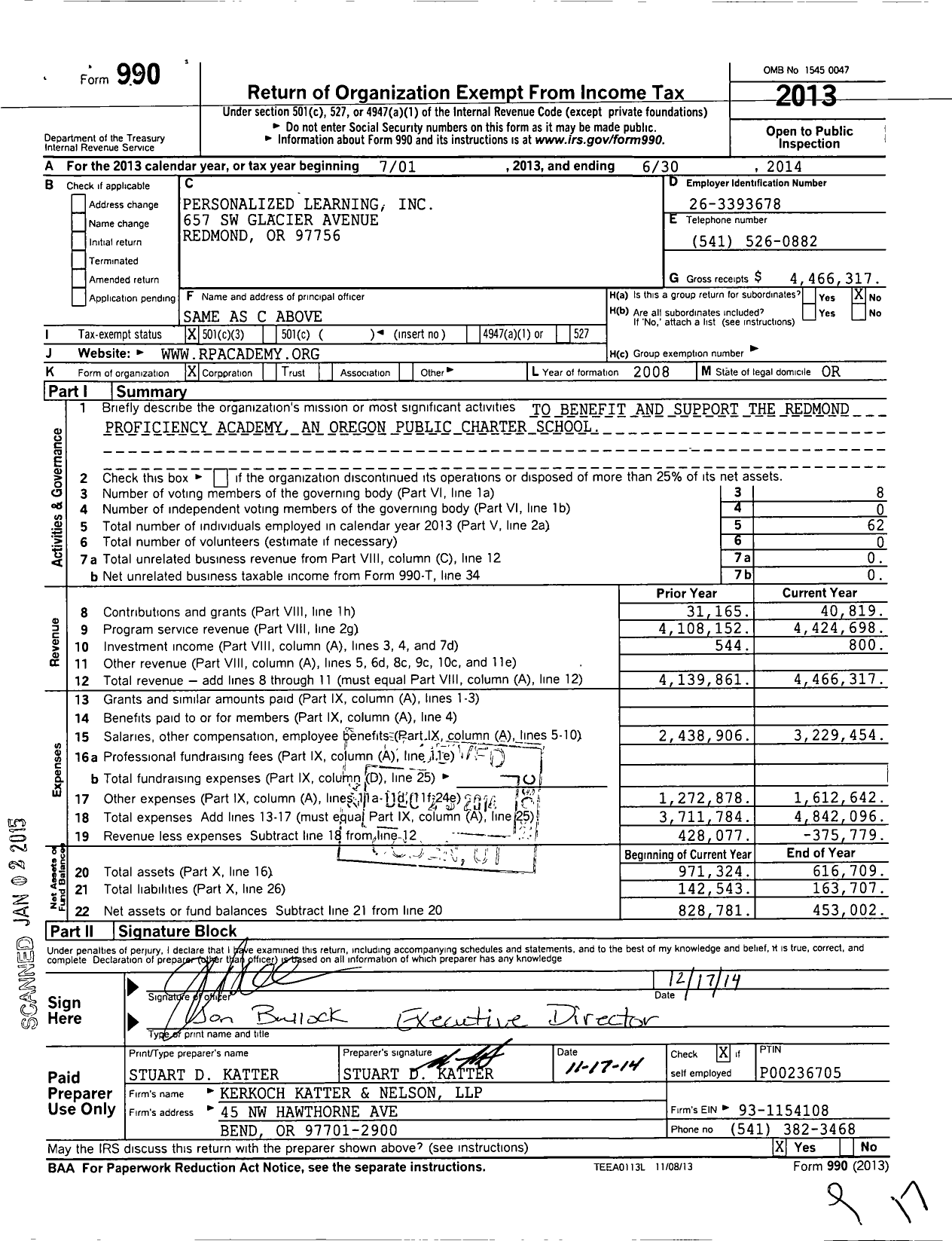 Image of first page of 2013 Form 990 for Redmond Proficiency Learning
