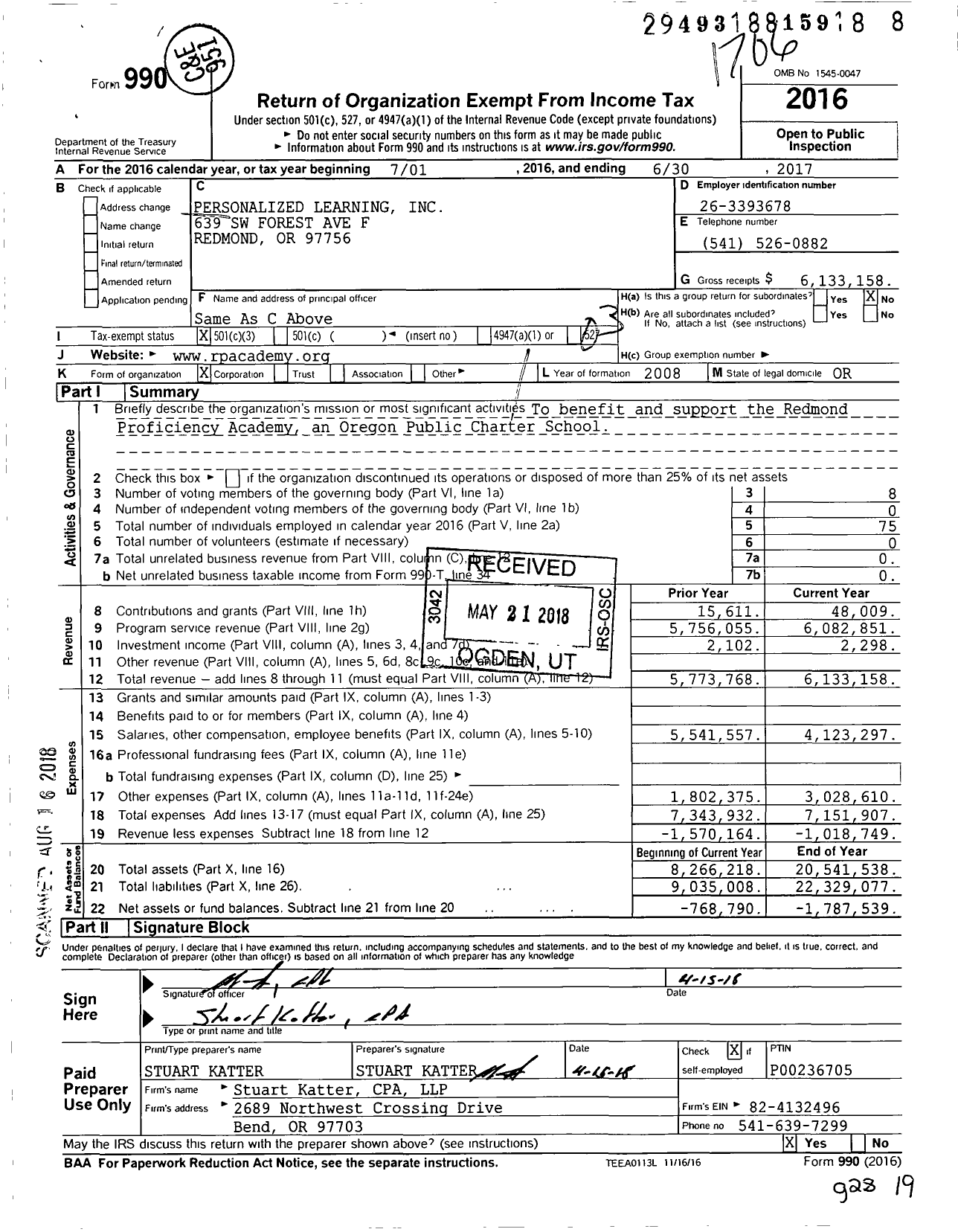 Image of first page of 2016 Form 990 for Redmond Proficiency Learning
