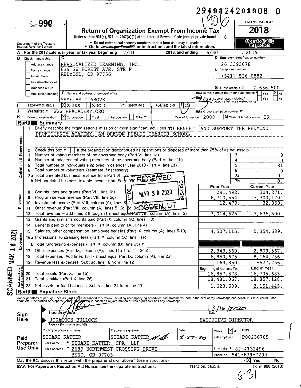 Image of first page of 2018 Form 990 for Redmond Proficiency Learning