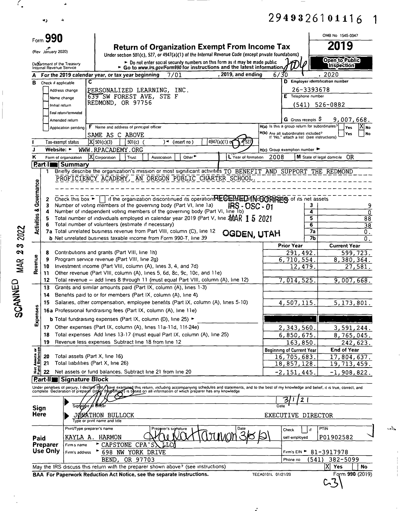 Image of first page of 2019 Form 990 for Redmond Proficiency Learning