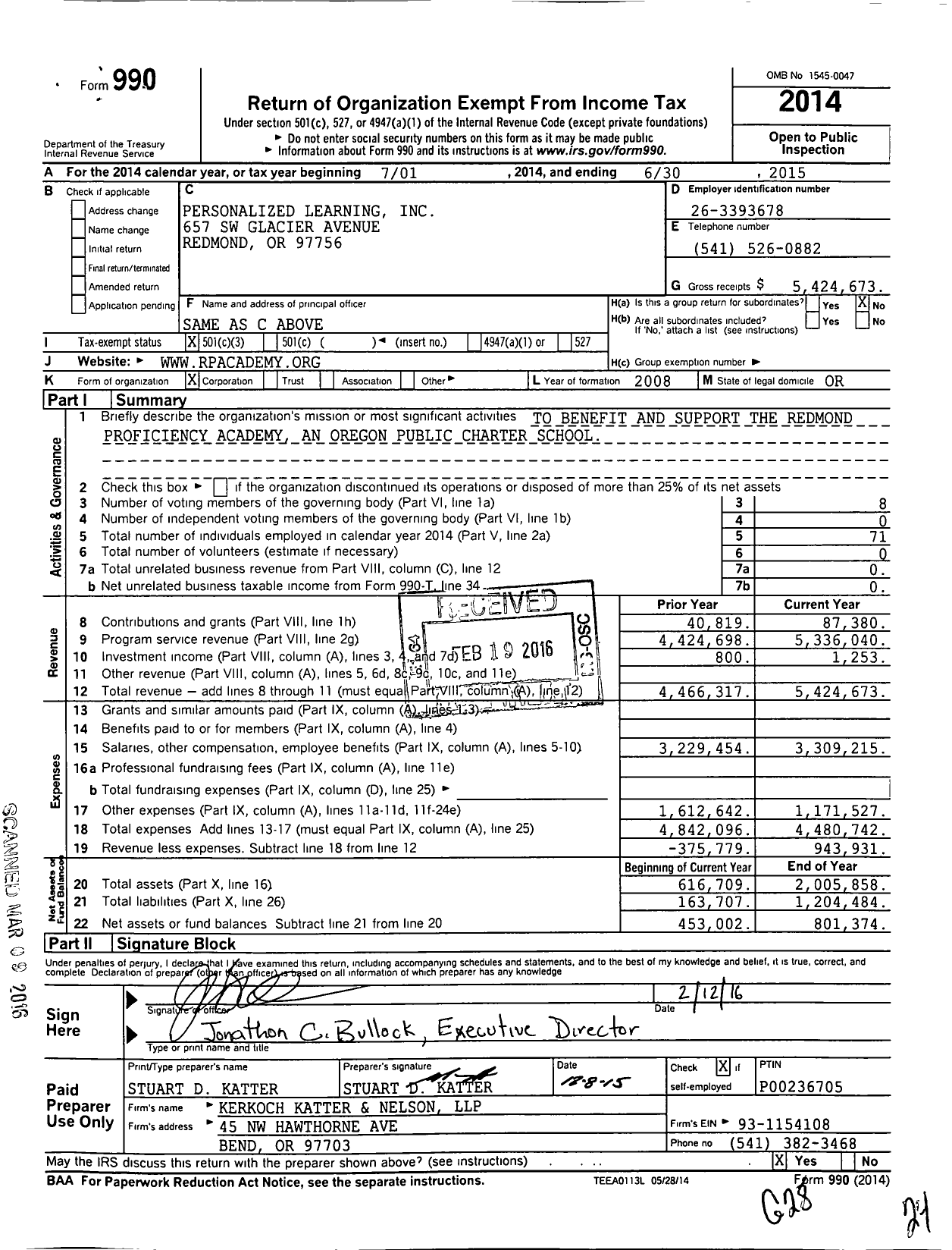 Image of first page of 2014 Form 990 for Redmond Proficiency Learning
