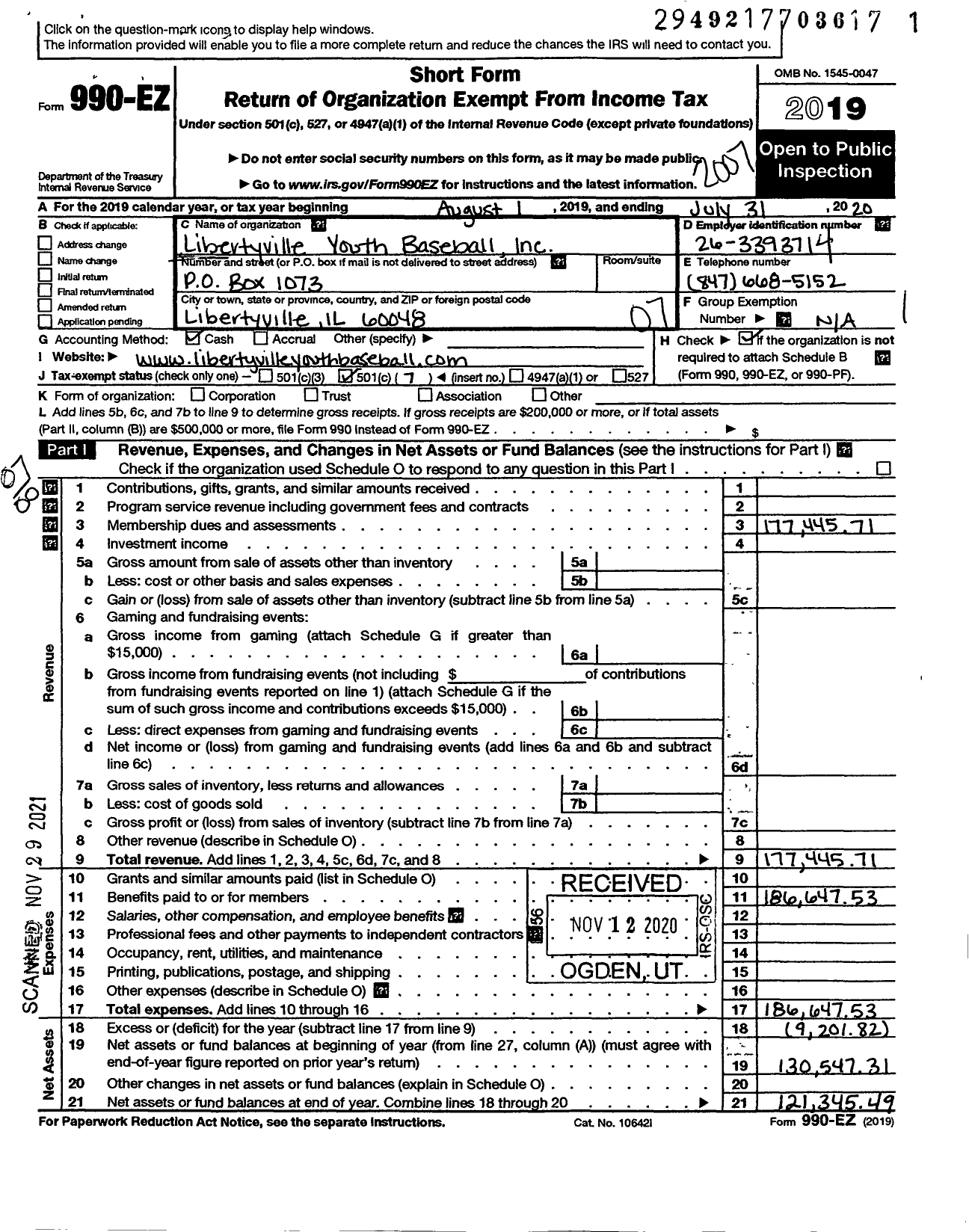 Image of first page of 2019 Form 990EO for Libertyville Youth Baseball