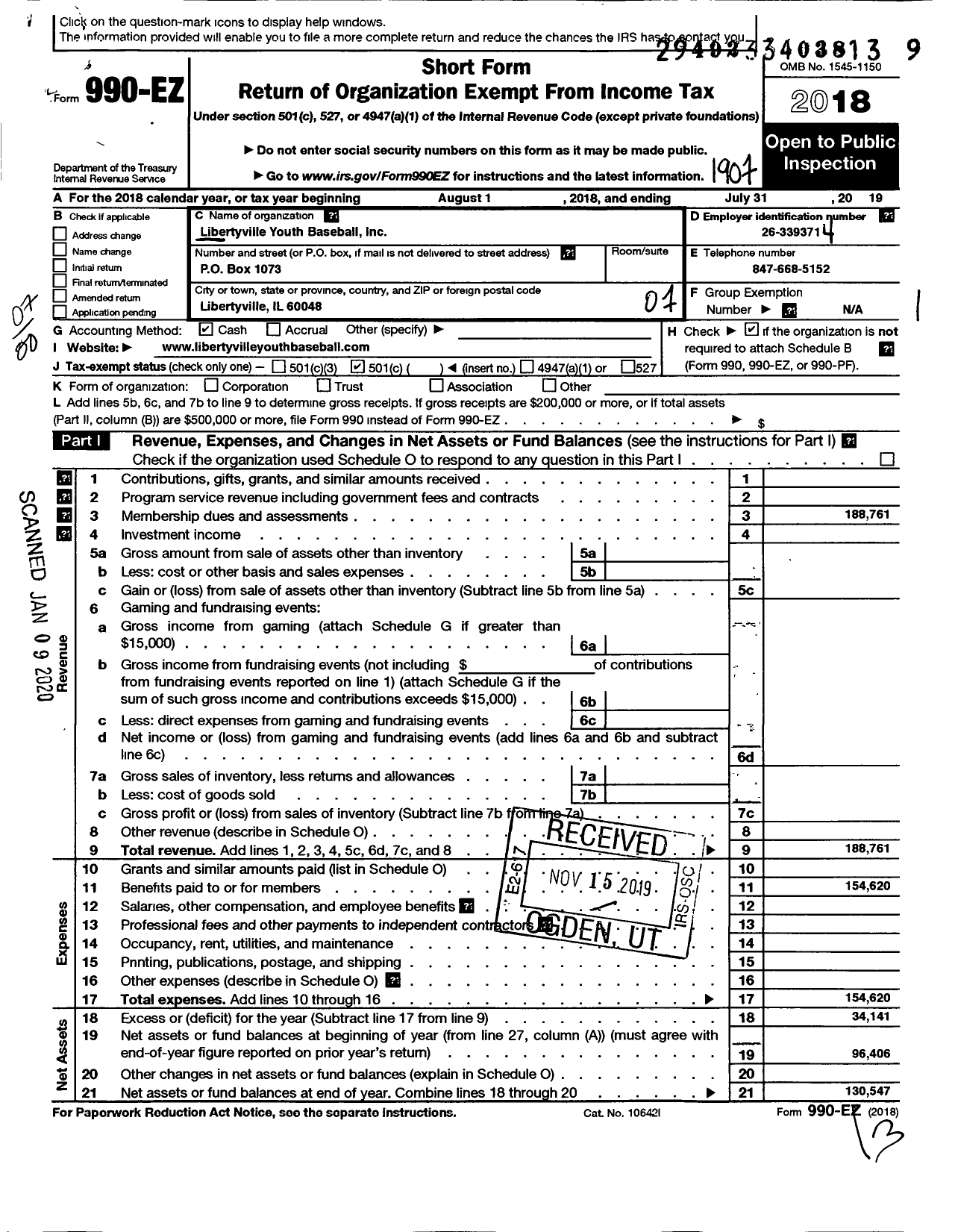 Image of first page of 2018 Form 990EO for Libertyville Youth Baseball