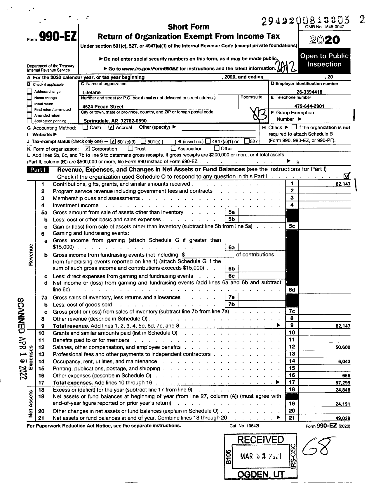 Image of first page of 2020 Form 990EZ for Lifelane Lane