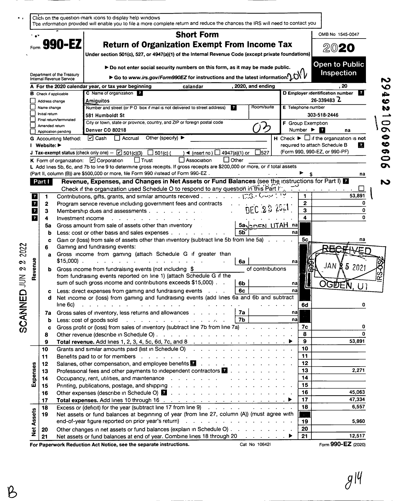 Image of first page of 2020 Form 990EZ for Amiguitos