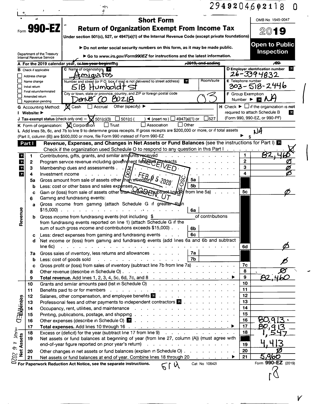 Image of first page of 2019 Form 990EZ for Amiguitos