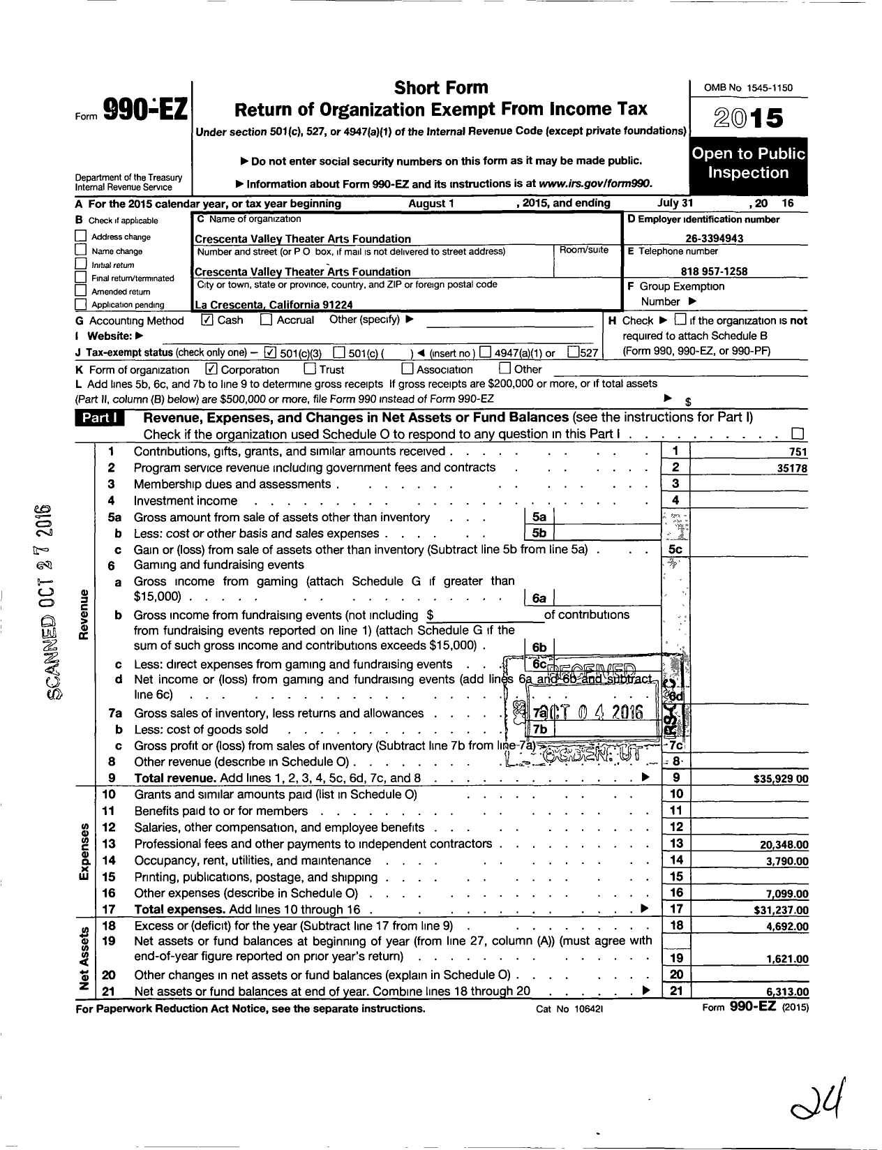 Image of first page of 2015 Form 990EZ for Crescenta Valley Theater Arts Foundation