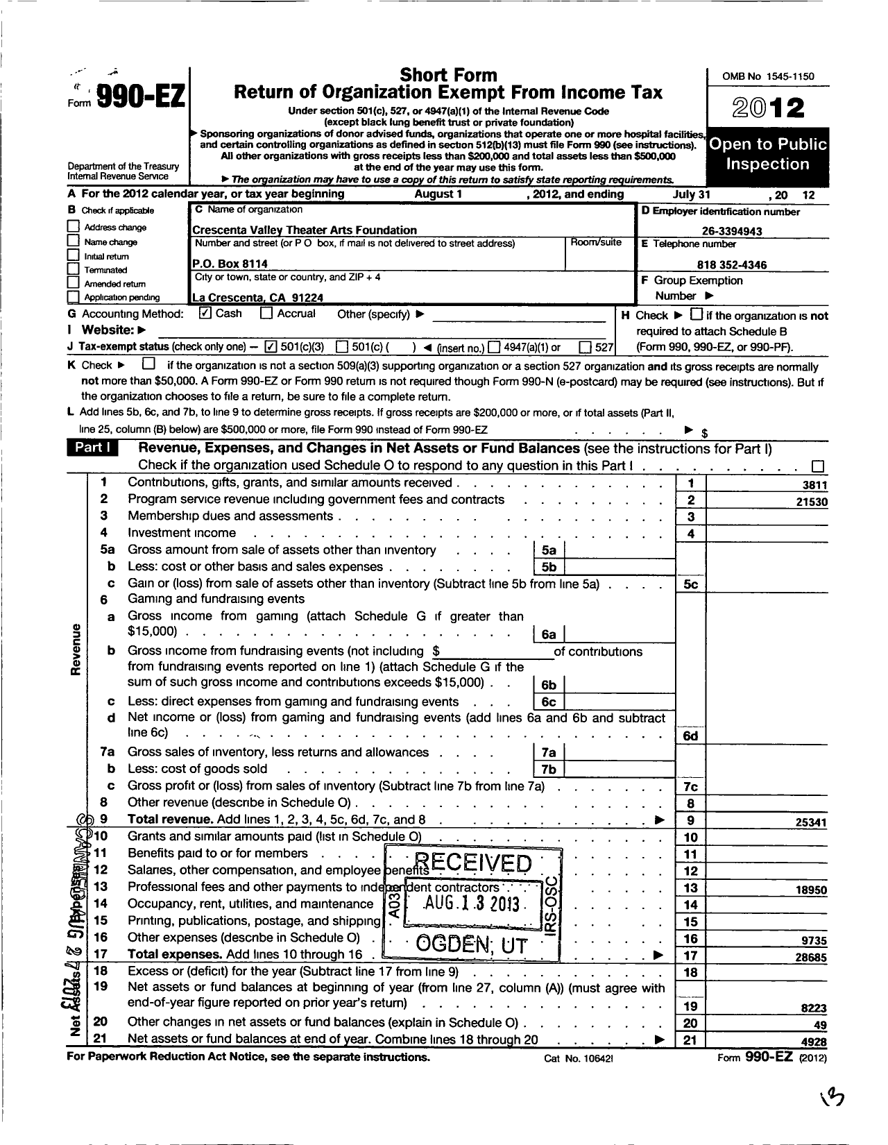 Image of first page of 2011 Form 990EZ for Crescenta Valley Theater Arts Foundation