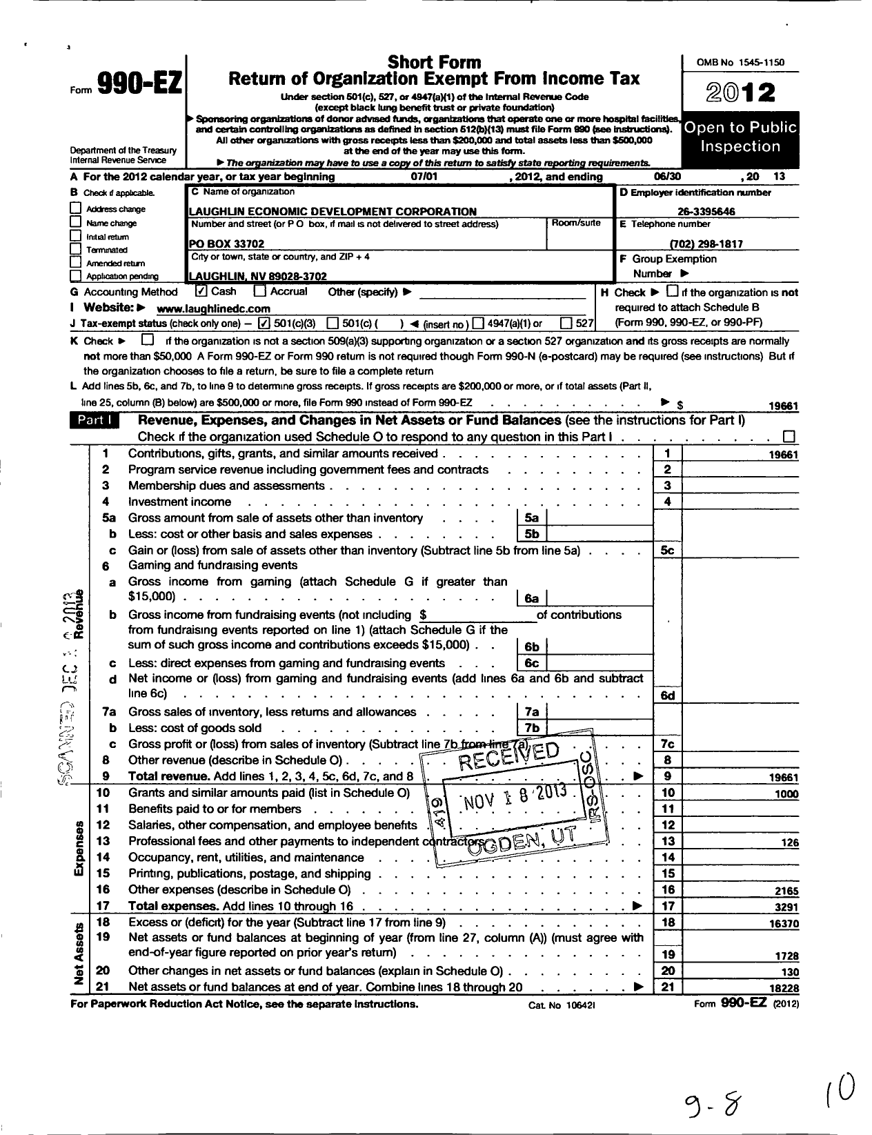 Image of first page of 2012 Form 990EZ for Laughlin Economic Development Corporation