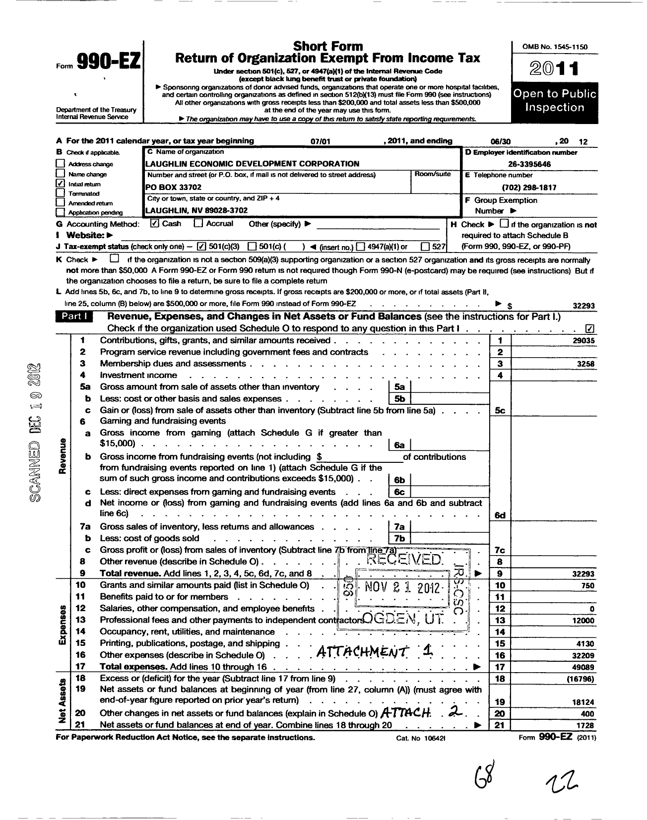 Image of first page of 2011 Form 990EZ for Laughlin Economic Development Corporation