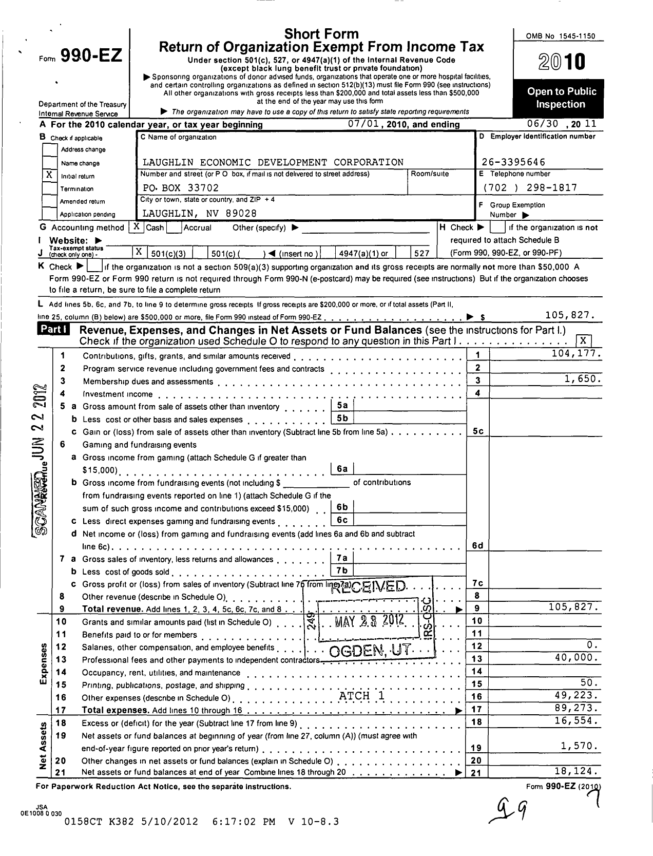 Image of first page of 2010 Form 990EZ for Laughlin Economic Development Corporation