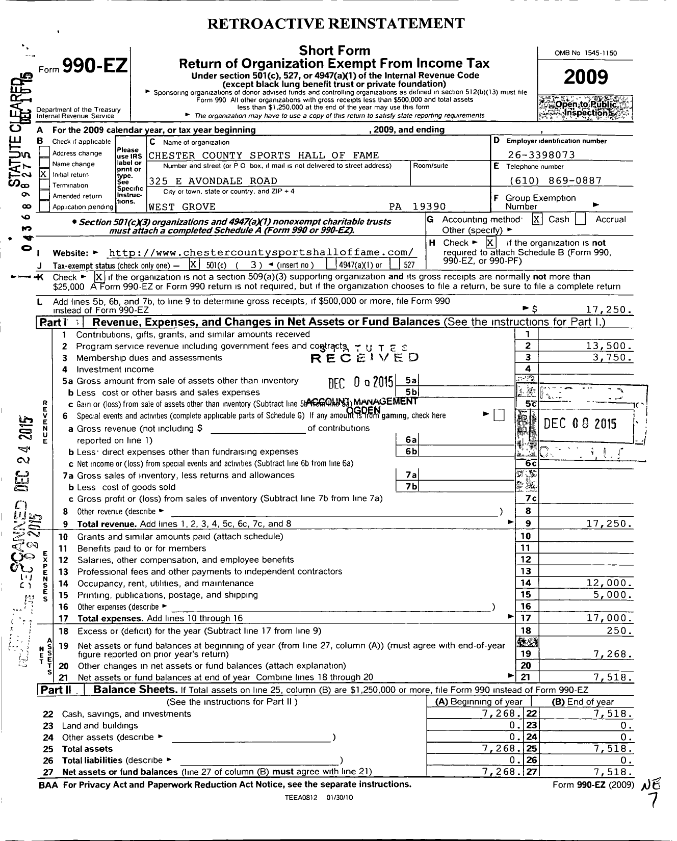 Image of first page of 2009 Form 990EZ for Chester County Sports Hall of Fame