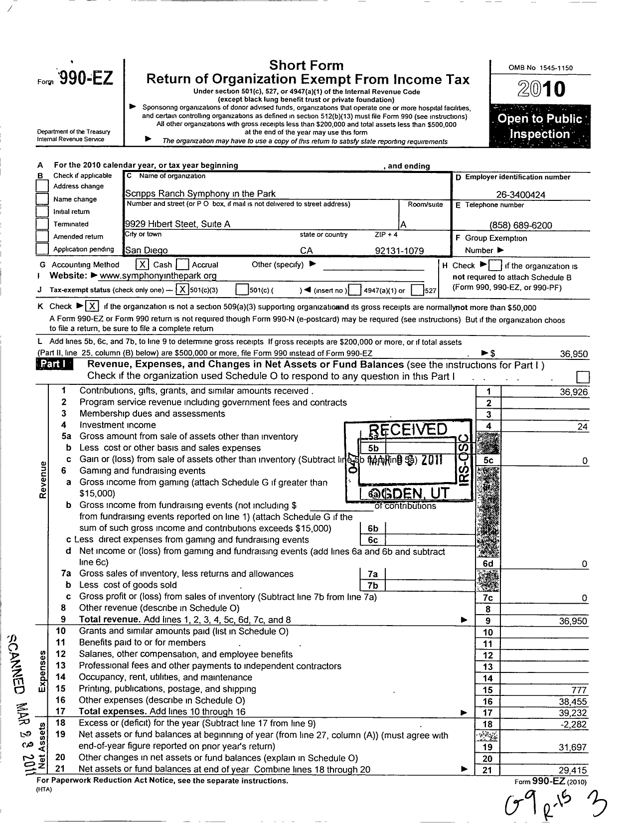 Image of first page of 2010 Form 990EZ for Scripps Ranch Symphony in the Park