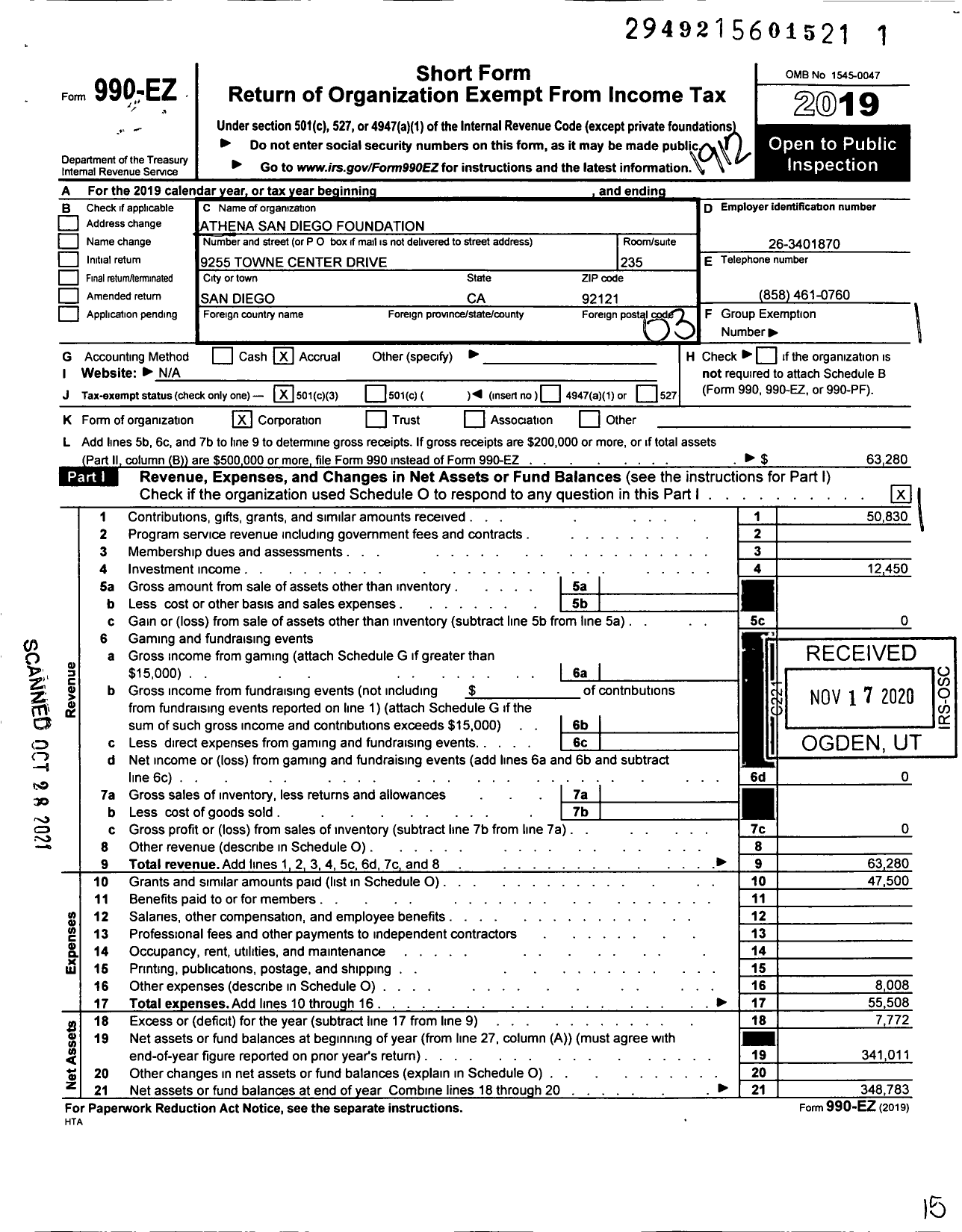 Image of first page of 2019 Form 990EZ for Athena San Diego Foundation