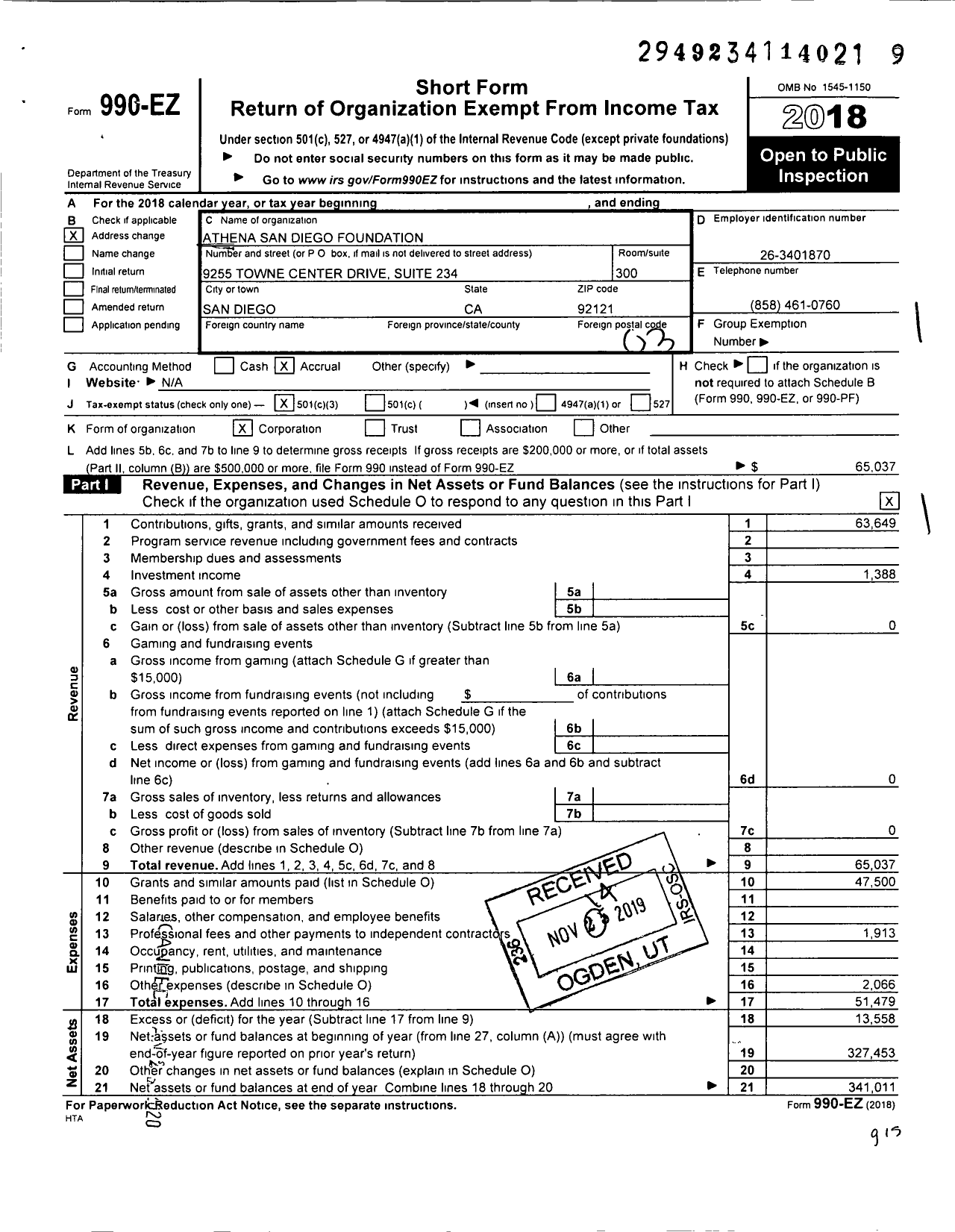 Image of first page of 2018 Form 990EZ for Athena San Diego Foundation