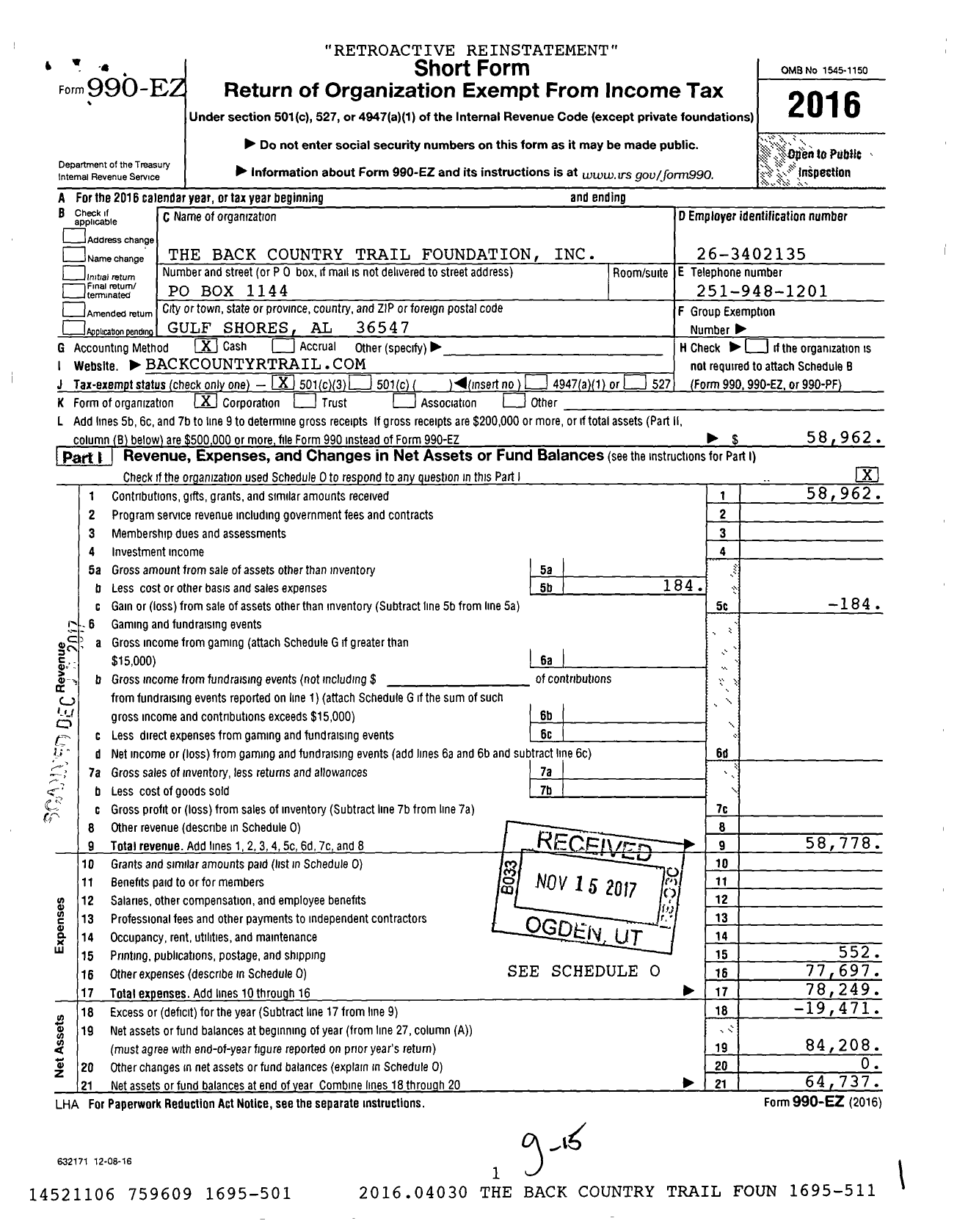 Image of first page of 2016 Form 990EZ for The Back Country Trail Foundation