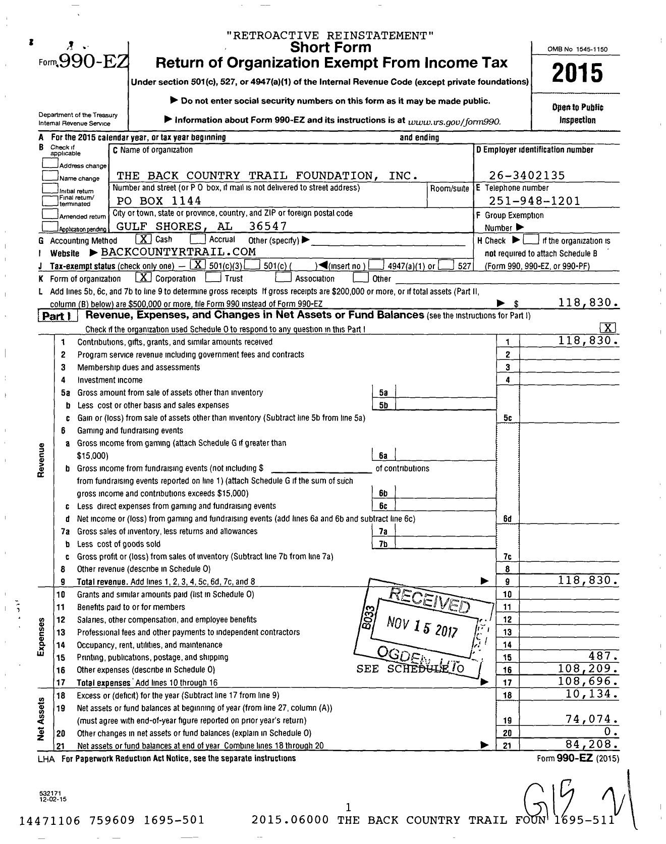 Image of first page of 2015 Form 990EZ for The Back Country Trail Foundation