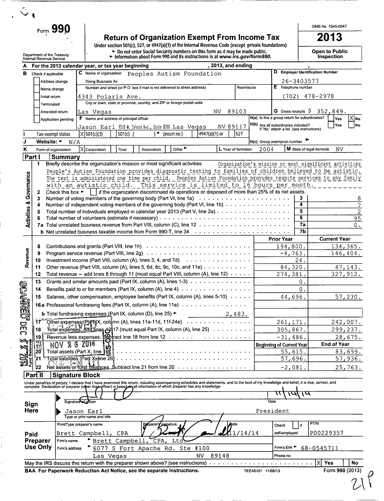 Image of first page of 2013 Form 990 for Peoples Autism Foundation