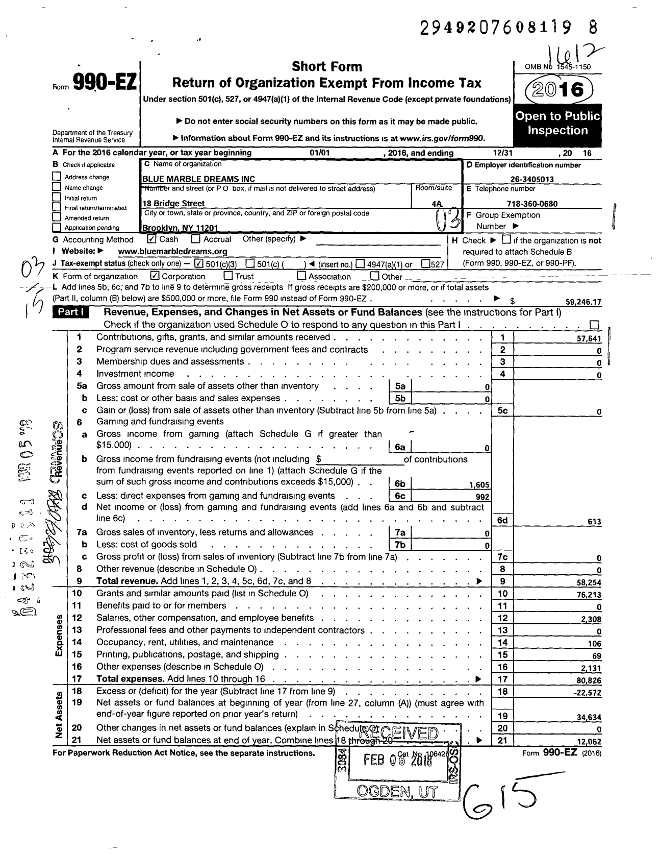 Image of first page of 2016 Form 990EZ for Blue Marble Dreams