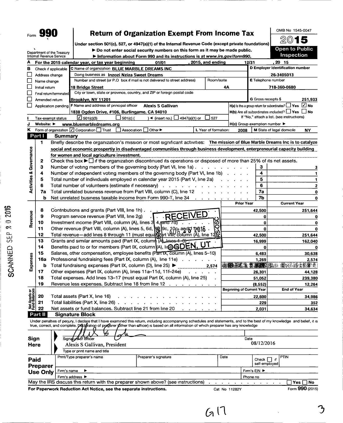 Image of first page of 2015 Form 990 for Blue Marble Dreams