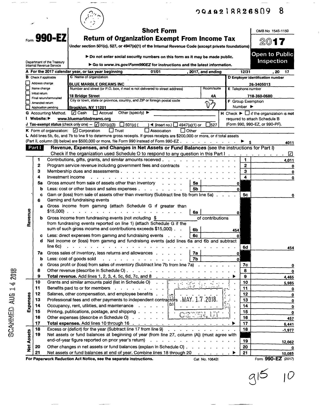 Image of first page of 2017 Form 990EZ for Blue Marble Dreams