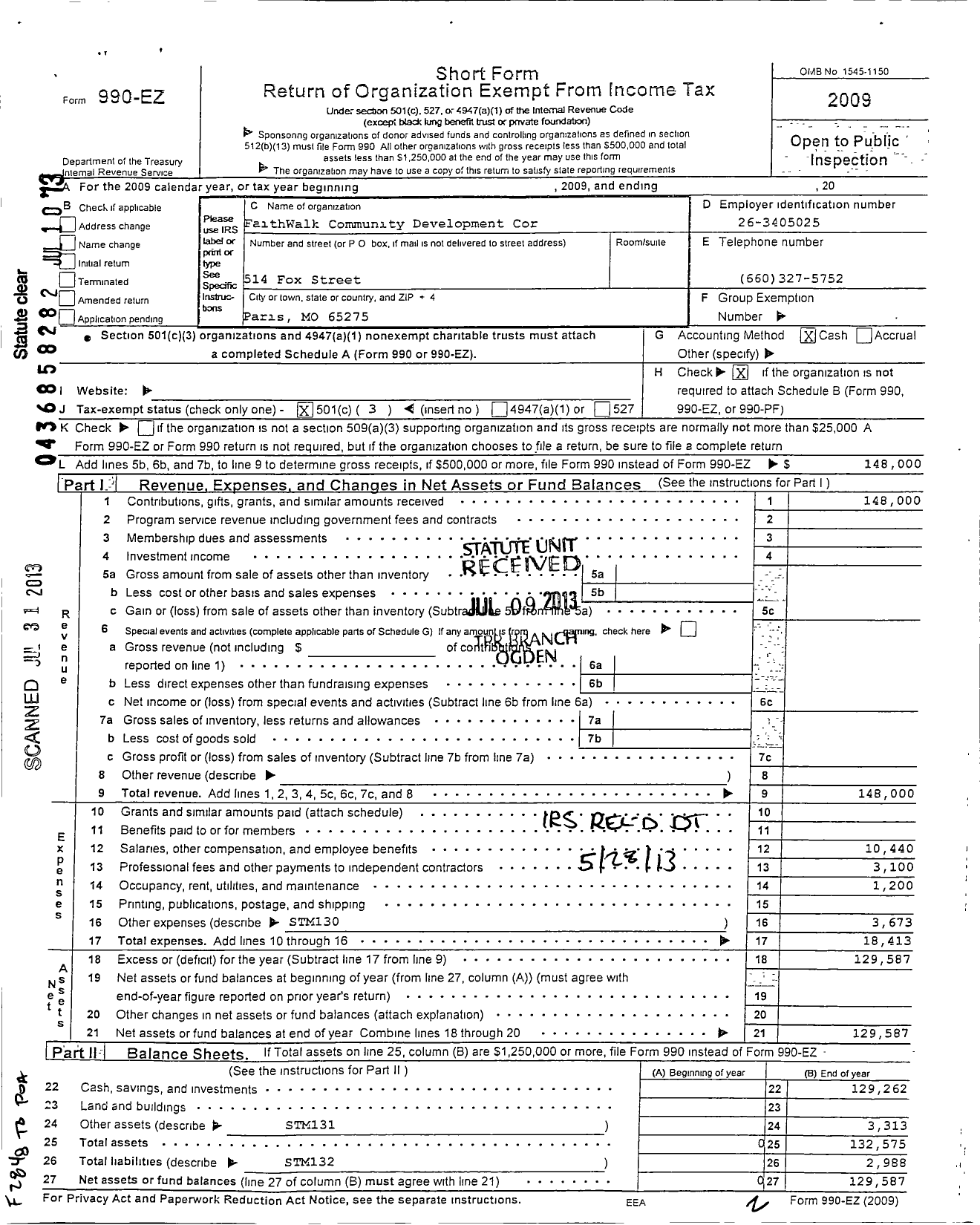 Image of first page of 2009 Form 990EZ for Faithwalk Community Development Corporation