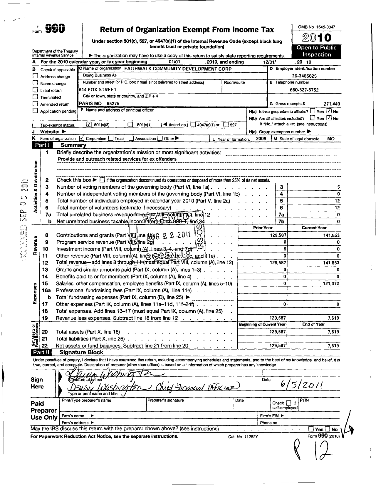 Image of first page of 2010 Form 990 for Faithwalk Community Development Corporation