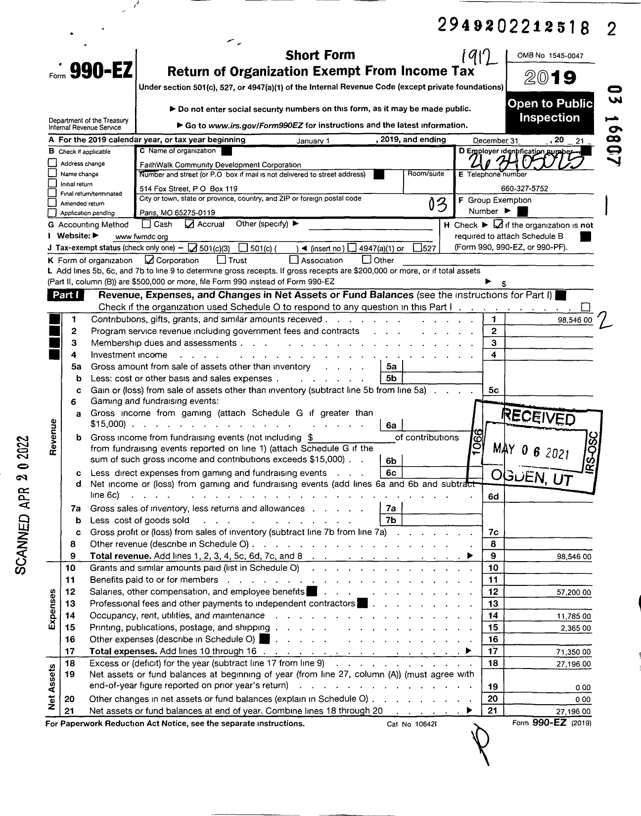 Image of first page of 2019 Form 990EZ for Faithwalk Community Development Corporation