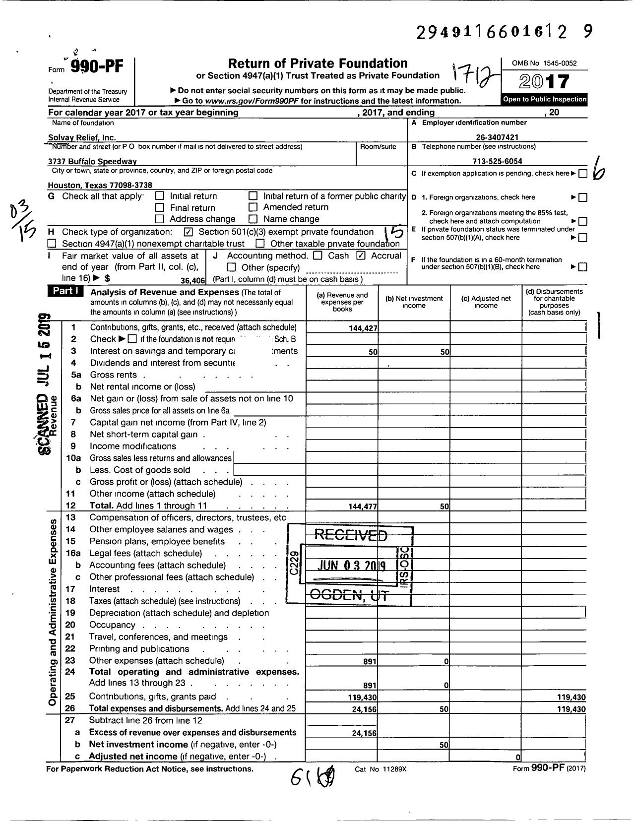 Image of first page of 2017 Form 990PF for Solvay Relief