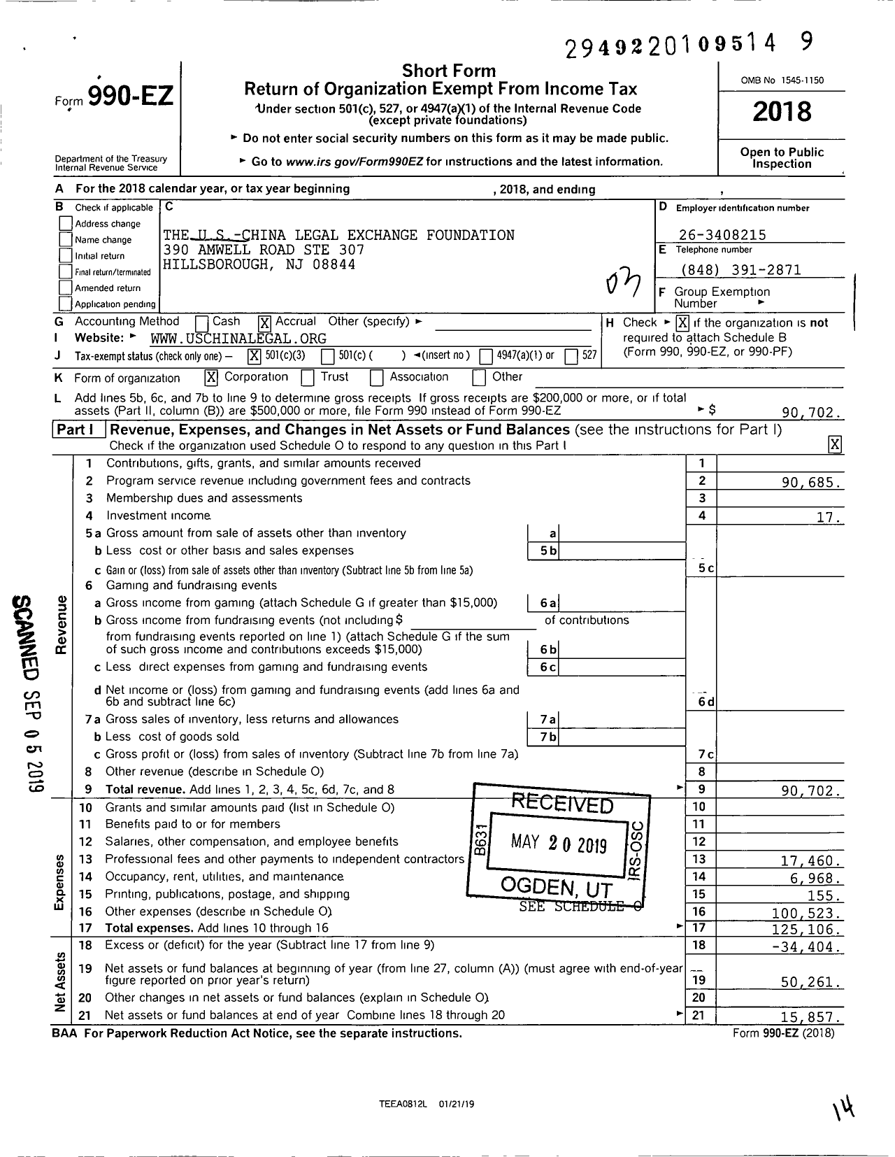 Image of first page of 2018 Form 990EZ for The Us-China Legal Exchange Foundation