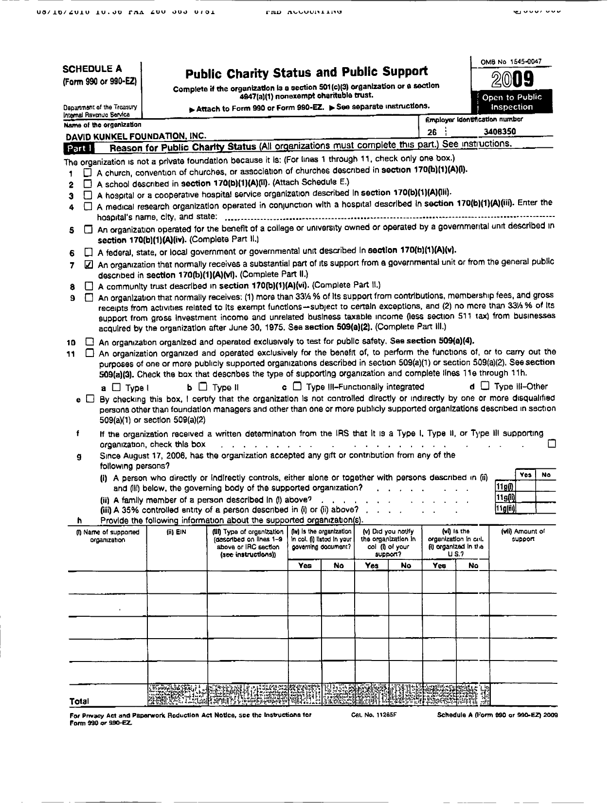 Image of first page of 2009 Form 990ER for The David Kunkel Foundation