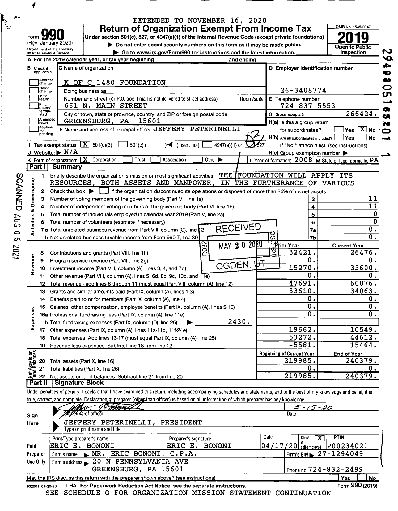 Image of first page of 2019 Form 990 for K of C 1480 Foundation