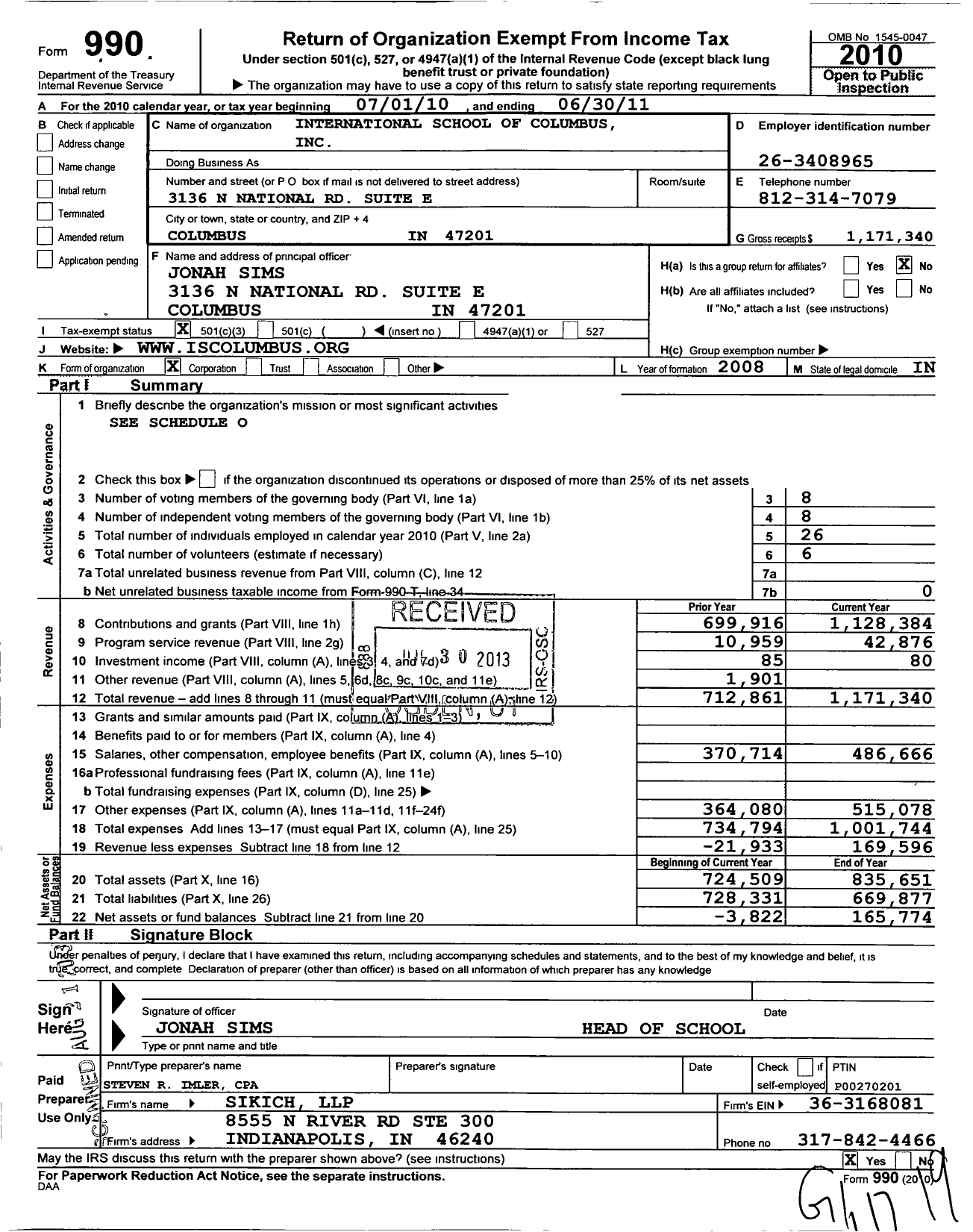 Image of first page of 2010 Form 990 for International School of Columbus (INC)