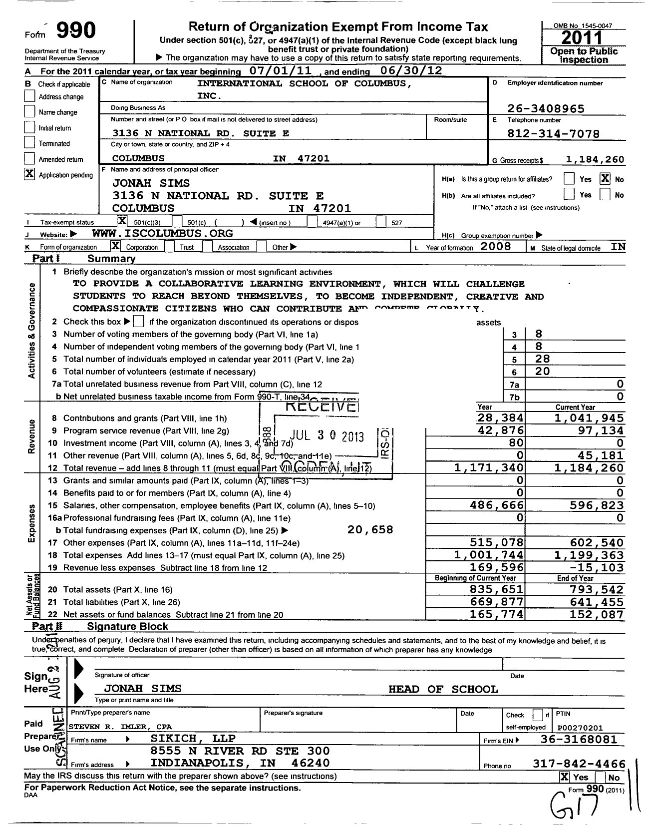 Image of first page of 2011 Form 990 for International School of Columbus (INC)