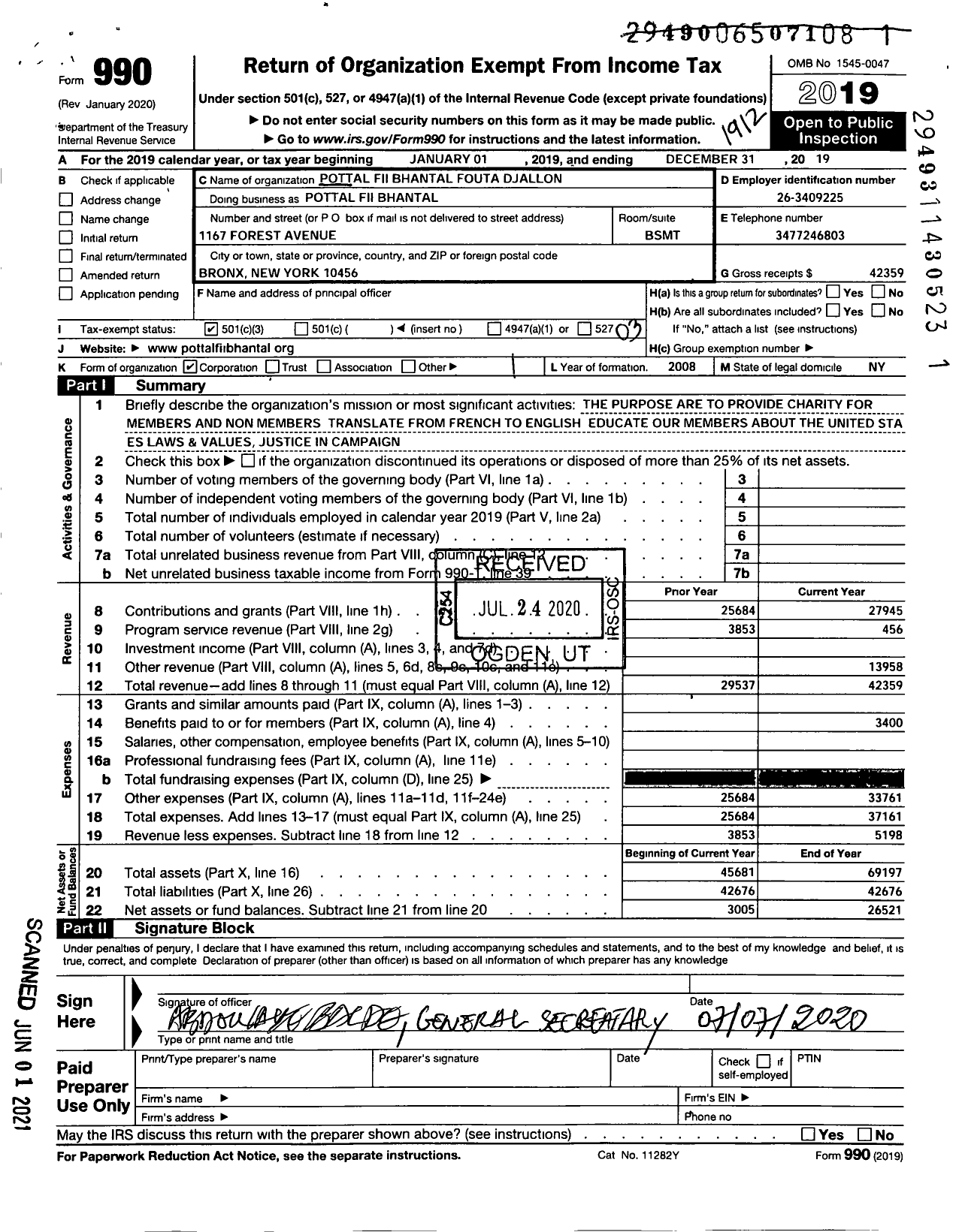 Image of first page of 2019 Form 990 for Pottal Fii Bhantal Fouta Djallon