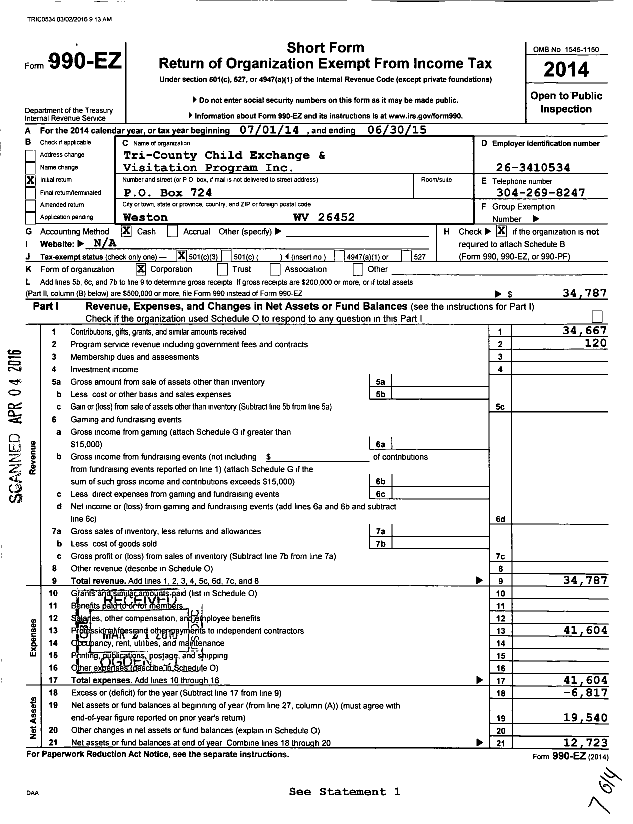 Image of first page of 2014 Form 990EZ for Tri County Child Exchange and Visitation Program