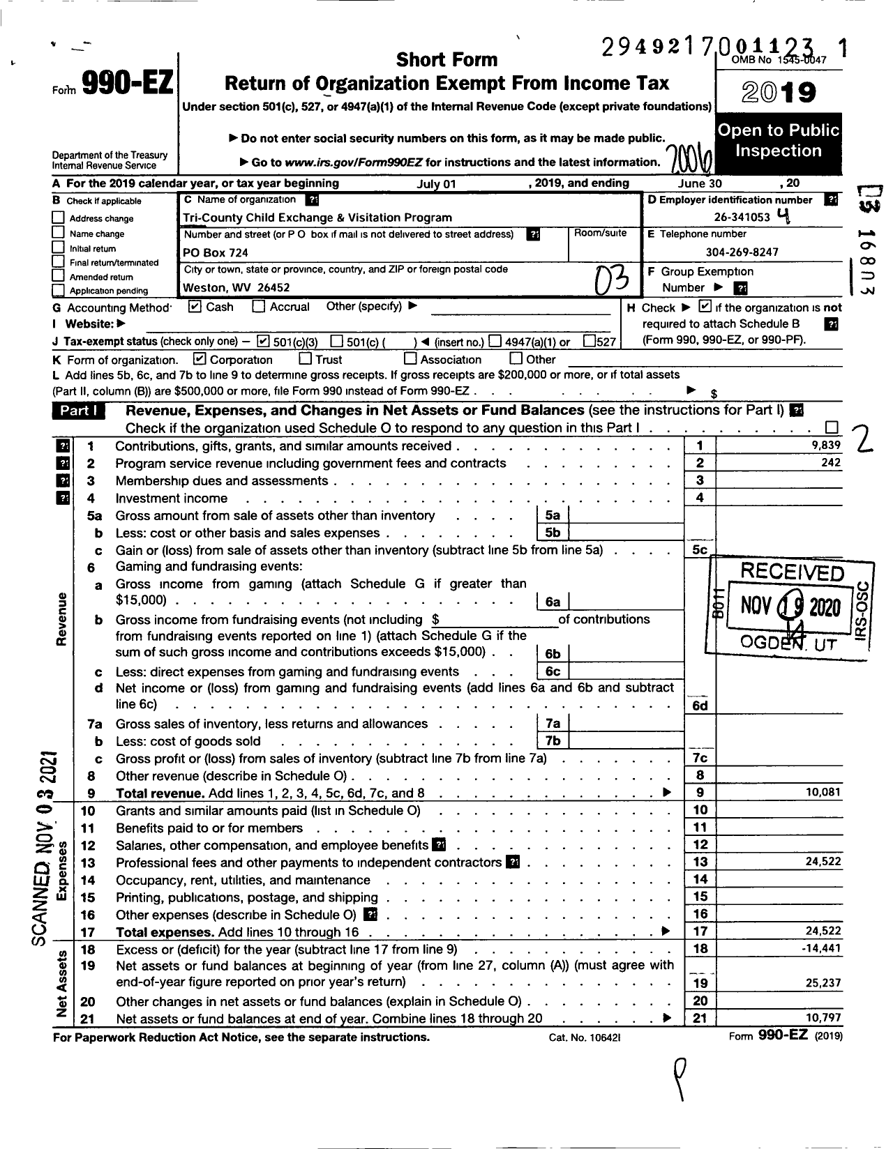 Image of first page of 2019 Form 990EZ for Tri County Child Exchange and Visitation Program