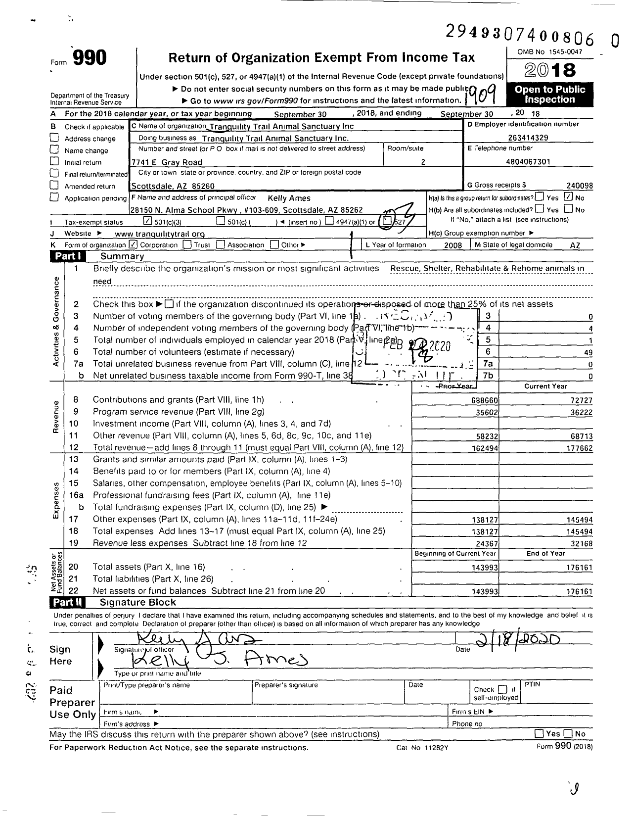 Image of first page of 2018 Form 990 for Tranquility Trail Animal Sanctuary