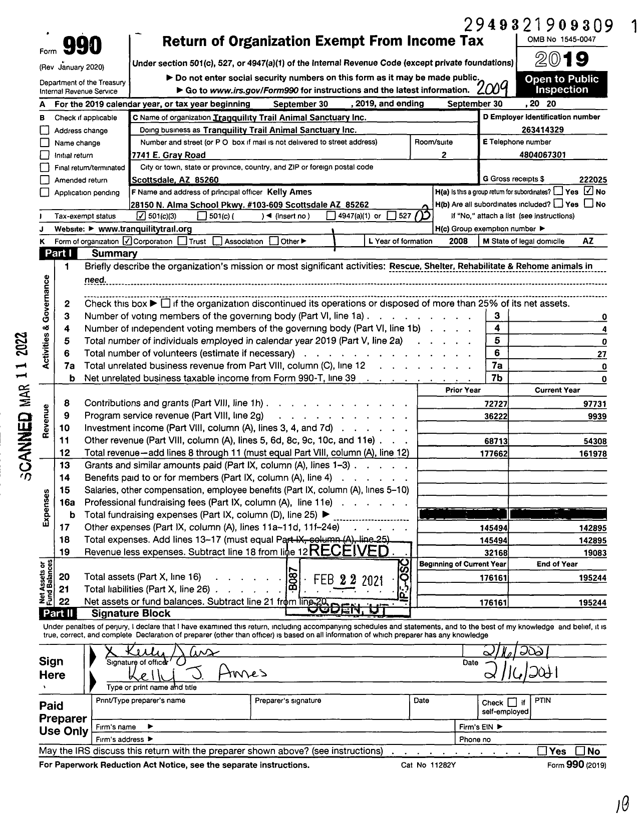 Image of first page of 2019 Form 990 for Tranquility Trail Animal Sanctuary