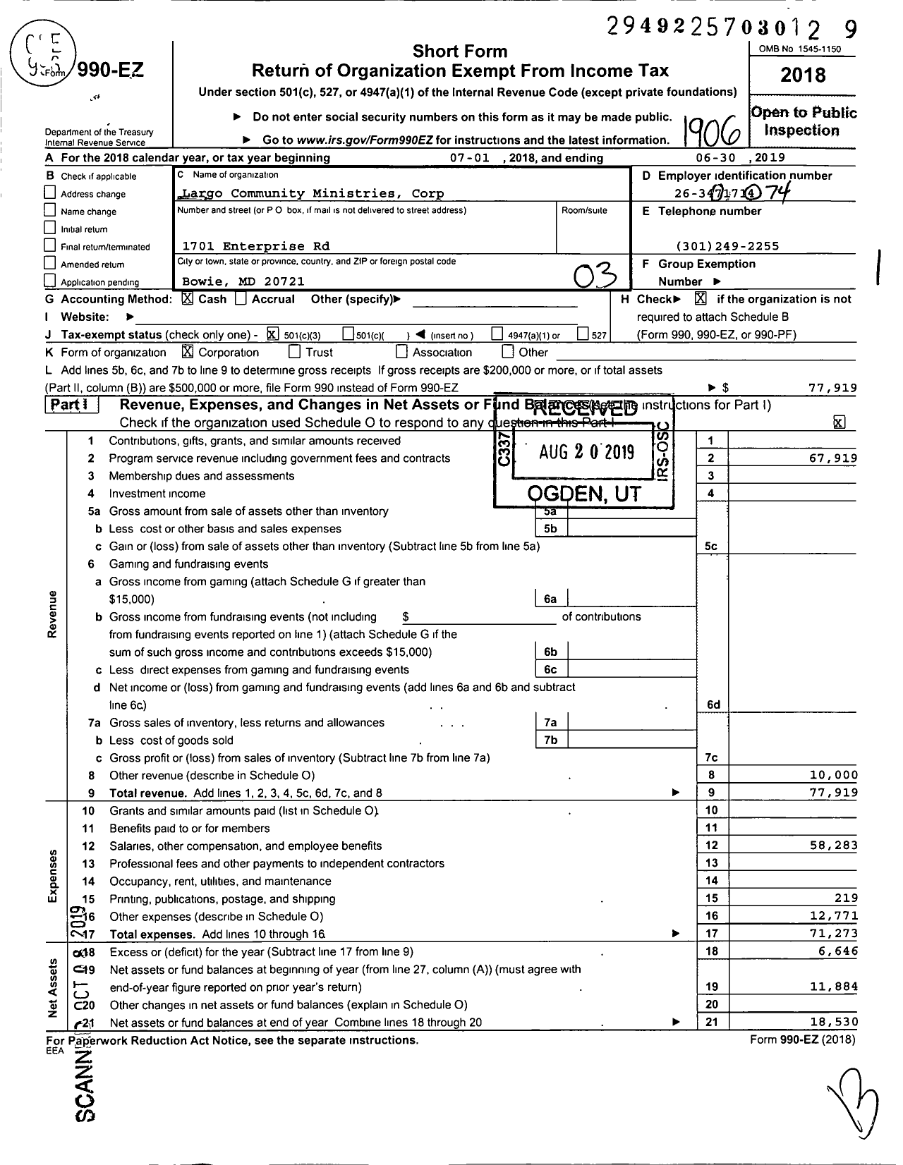 Image of first page of 2018 Form 990EZ for Largo Community Ministries Corporation