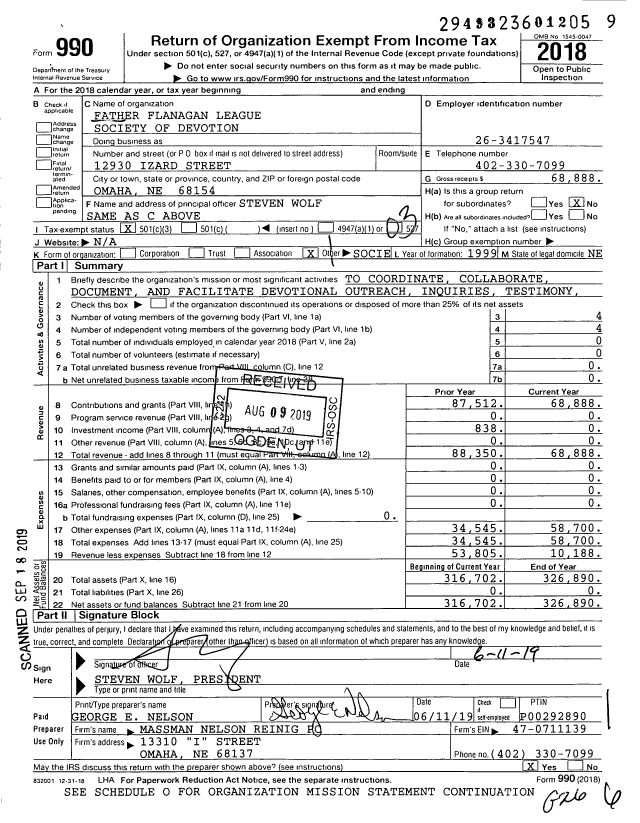 Image of first page of 2018 Form 990 for Father Flanagan League Society of Devotion