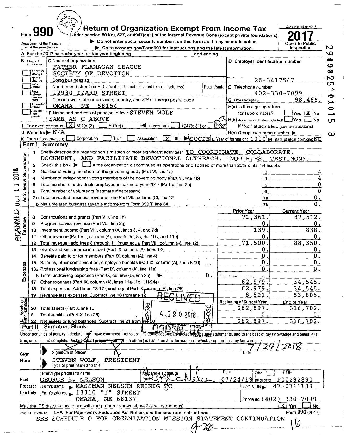 Image of first page of 2017 Form 990 for Father Flanagan League Society of Devotion