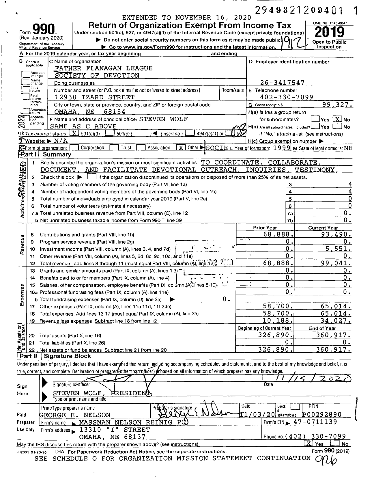 Image of first page of 2019 Form 990 for Father Flanagan League Society of Devotion