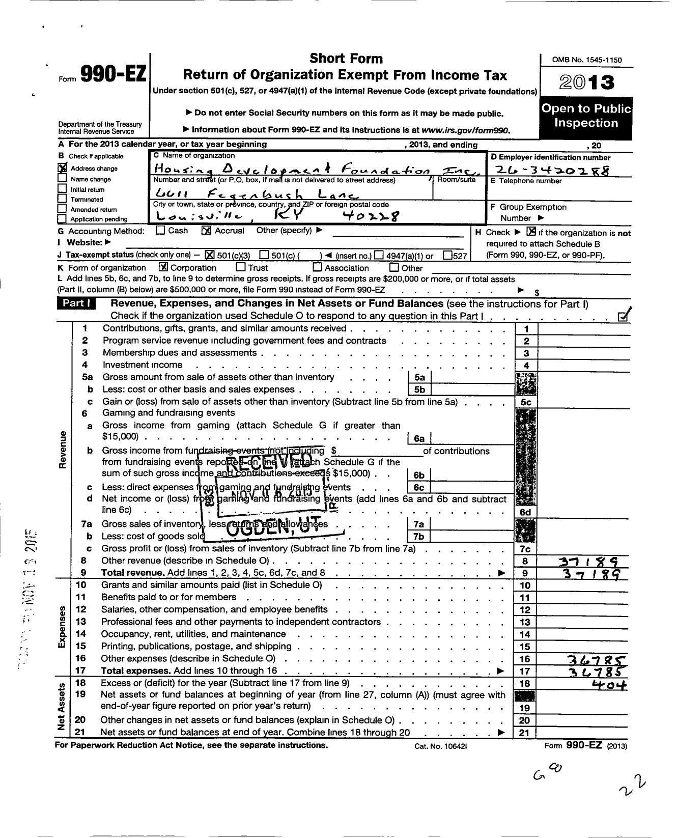 Image of first page of 2013 Form 990EZ for Housing Development Foundation / Frank Thomas