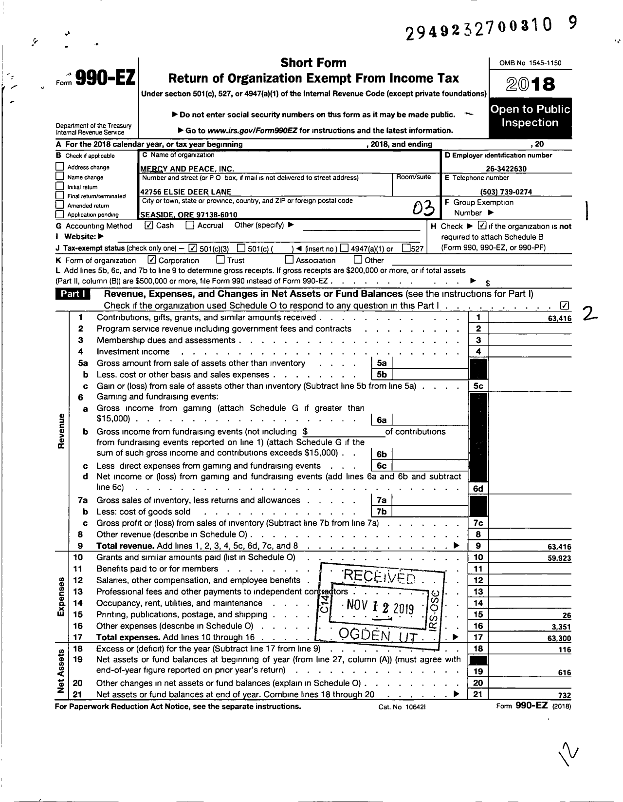 Image of first page of 2018 Form 990EZ for Mercy and Peace