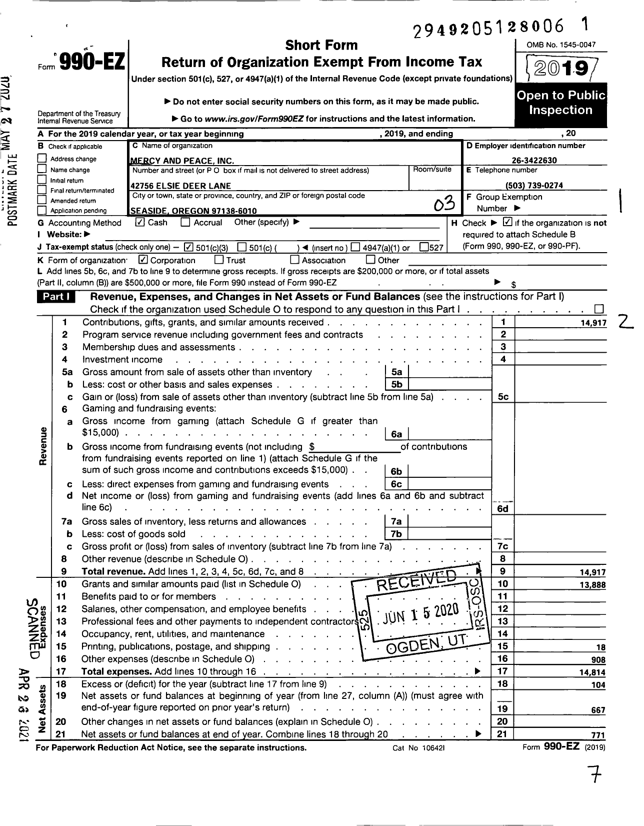 Image of first page of 2019 Form 990EZ for Mercy and Peace