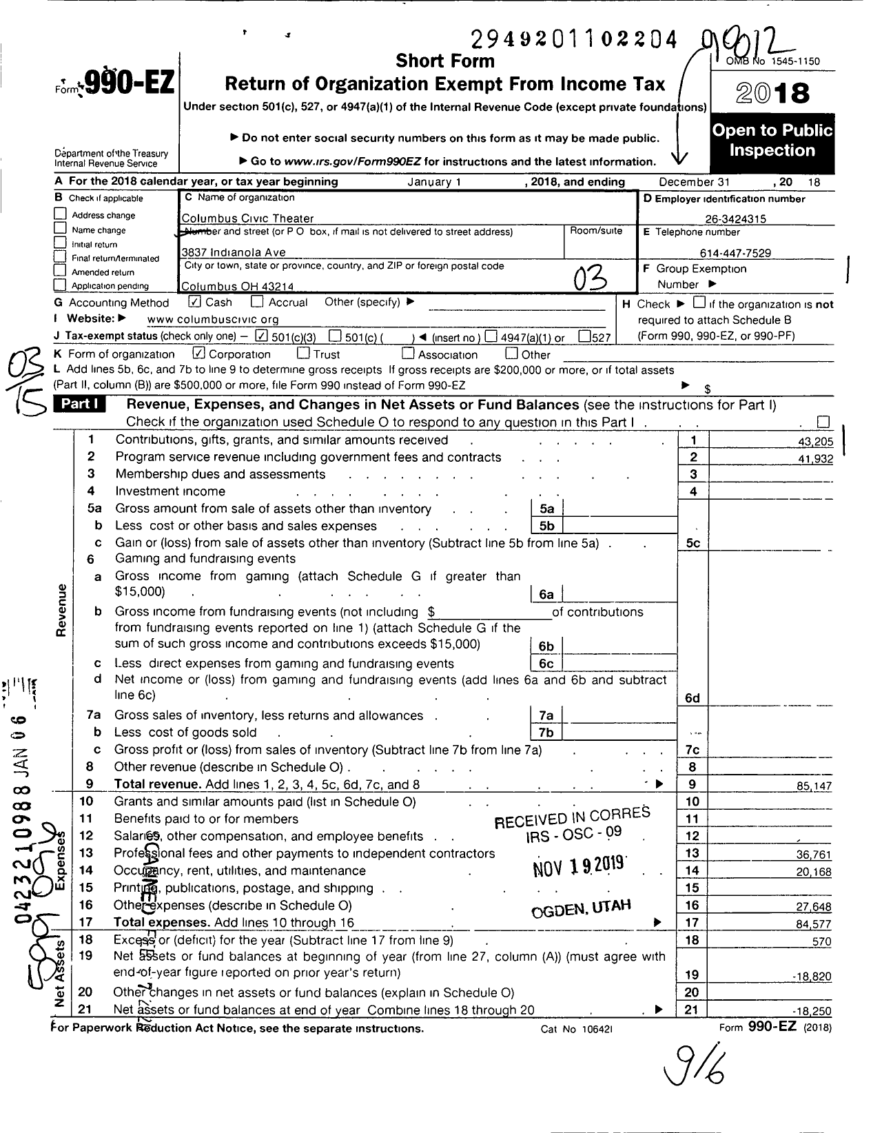 Image of first page of 2018 Form 990EZ for Columbus Civic Theater